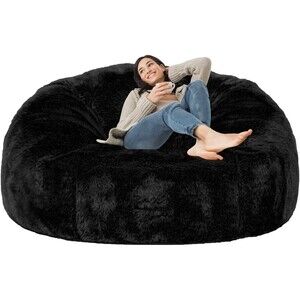 (NON-FILLED) RAINBEAN 6FT Bean Bag Chair Cover Black Fuzzy Huge 6ft. Round